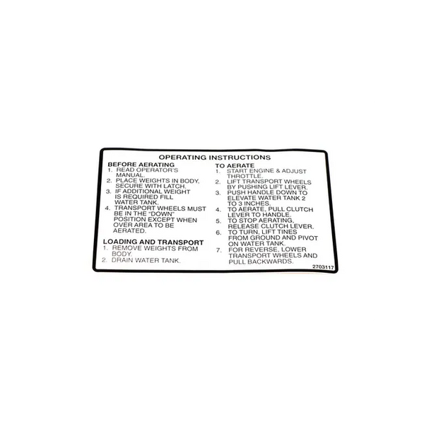 Bobcat 2703117 Operation Instructions Decal For Aerators, 2703117