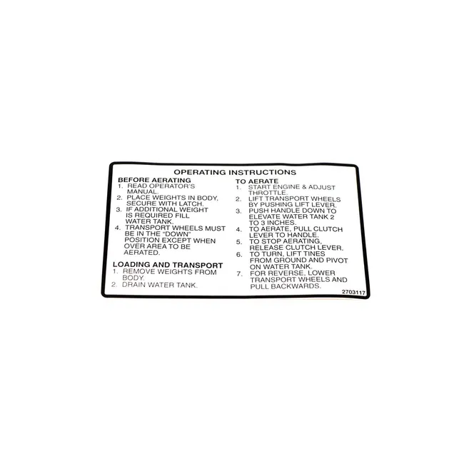 Bobcat 2703117 Operation Instructions Decal For Aerators, 2703117