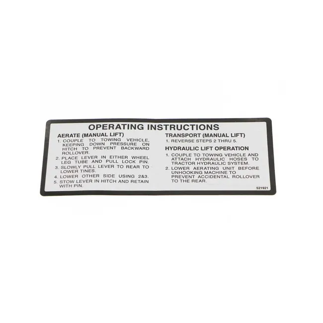 Bobcat 521921 Service Decal For Tow-Behind Aerators, 521921