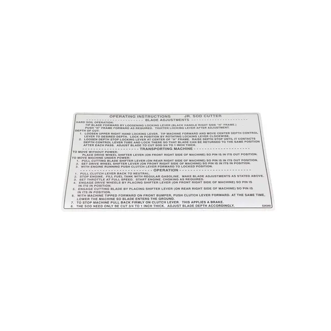 Bobcat 524340 Operation Decal For Sod Cutters, 524340