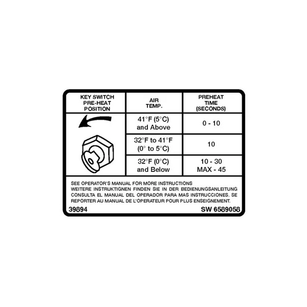 Bobcat 6589058 Preheat Decal for Excavators, 6589058