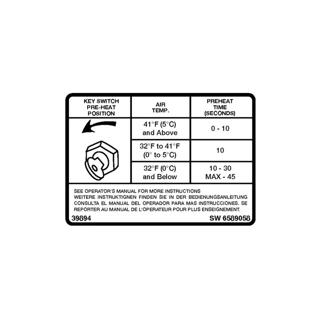Bobcat 6589058 Preheat Decal for Excavators, 6589058