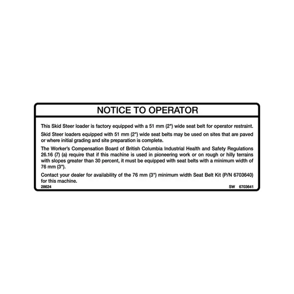 Bobcat 6703641 Seat Belt Decal, 6703641