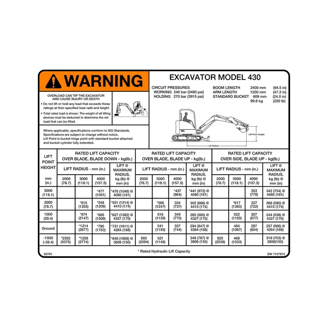 Bobcat 7107910 Excavator 430 Lift Capacity Decal, 7107910
